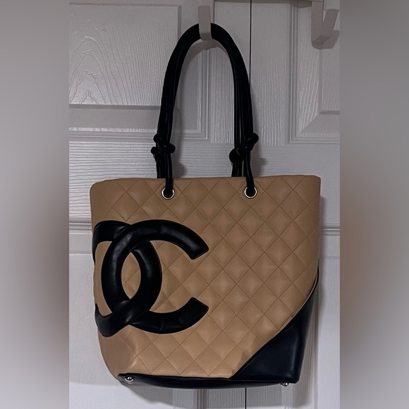 CHANEL Handbags - Chanel Cambon Ligne Medium Tote Bag in Beige and Black Quilted Leather